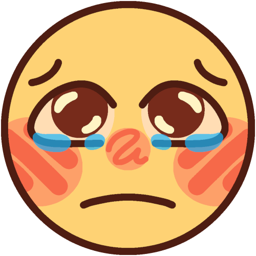 A yellow person with cheek blush and brown eyes which are welling up with tears, a slight frown on their face.
